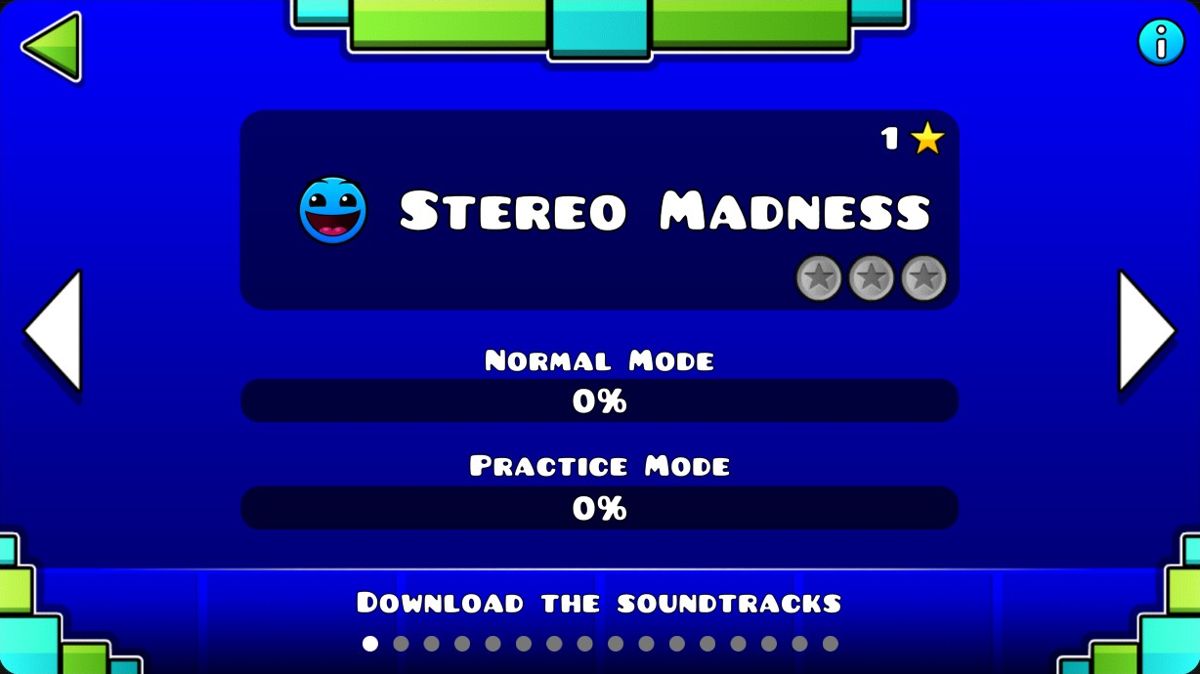 Écran de sélection du niveau Stereo Madness, une étoile, trois pièces et les barres Normal Mode et Practice Mode à 0 %